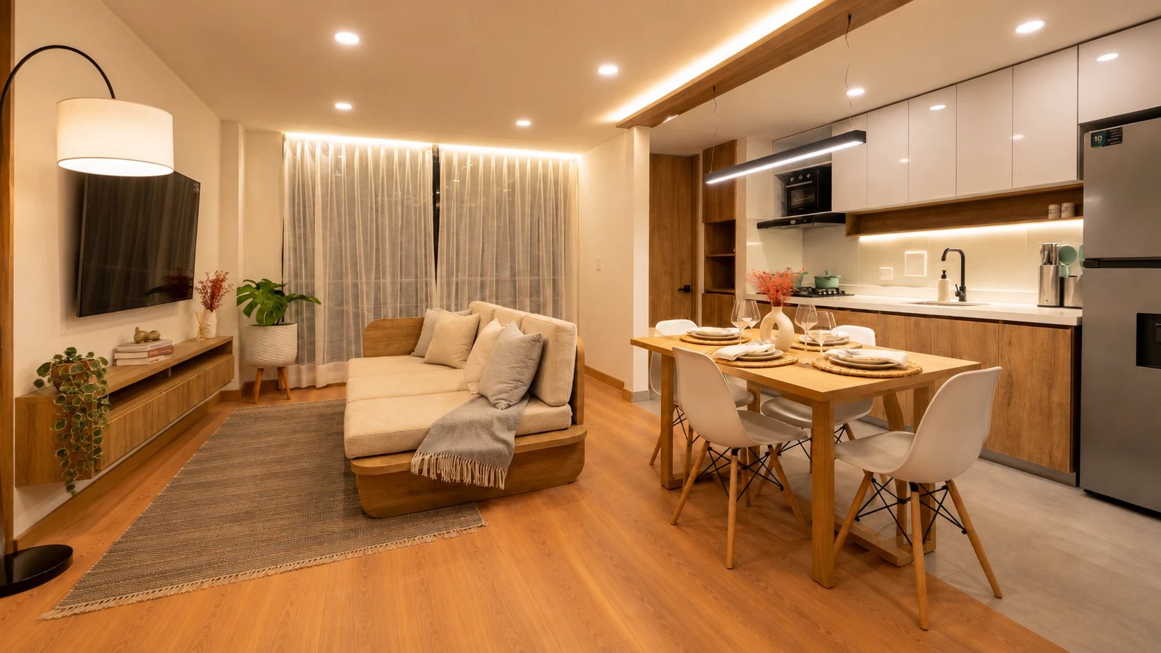 Sala, comedor y cocina integrados del apartamento, con acabados en madera
